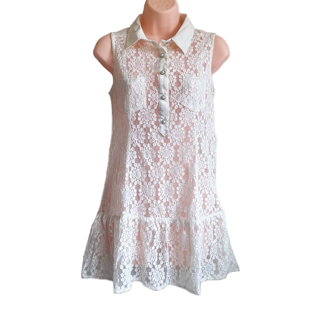 Monteau sleeveless cream white lace mini dress w/ pearl buttons Size M/PM NWOT